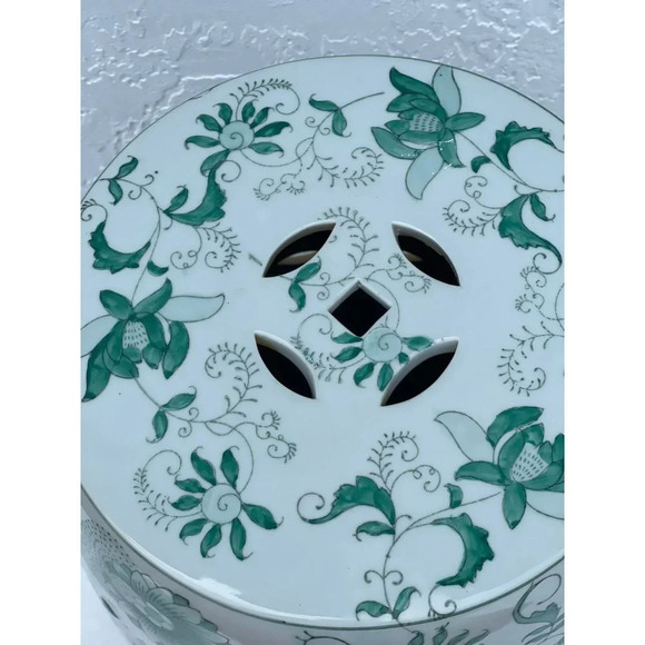 Vintage Antique Chinese Green White Porcelain Floral Garden Stool Plant Stand - Picture 5 of 15
